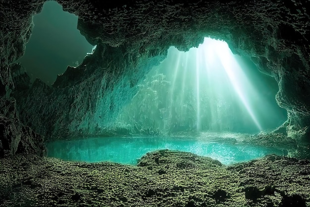 Illustrazione raster del lago sotterraneo in una grotta Raggi di luce che sfondano le pietre luce turchese smorzata aria umida muschio natura bellissima non toccata dall'uomo sfondo di opere d'arte 3D