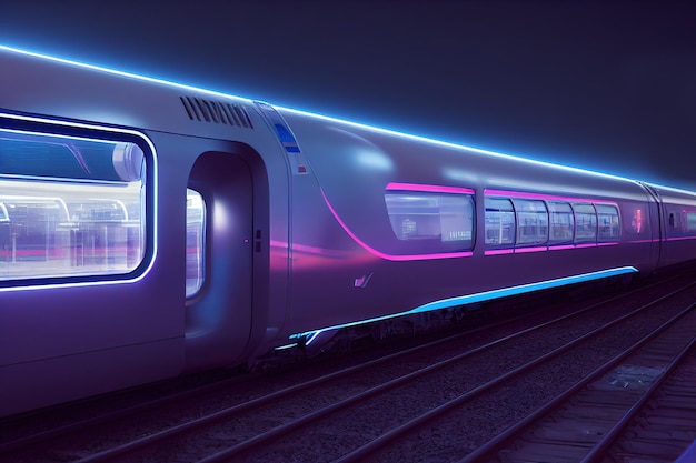 Illustrazione raster del treno elettrico è sulle rotaie Stazione treno elettrico metro movimento distanza percorso trasporto statale ecologico Concetto tecnologico rendering 3d grafica