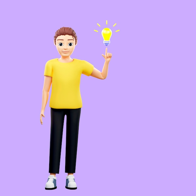 Illustrazione raster dell'uomo ha avuto un'idea Il giovane ragazzo con una maglietta gialla punta il dito contro una lampada ispirazione per l'implementazione del piano di creatività 3d render artwork per affari e pubblicità