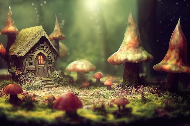 Illustrazione raster della capanna in miniatura in un mondo magico Casa di Baba Yaga tra enormi agarichi di mosca che visitano una fiaba magia stregone incantesimo casa in legno rendering 3d opere d'arte