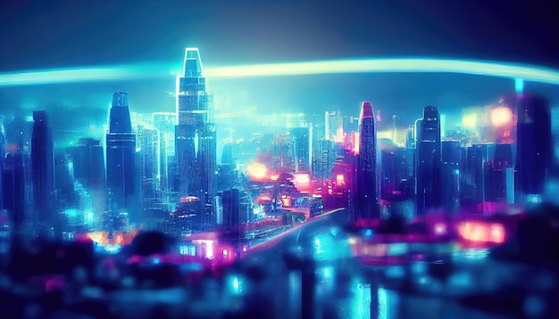 Illustrazione raster della città di notte futuro Cyberpunk edifici grattacieli blu neon bagliore fantascienza tecnologia moderna concetto 3d illustrazione raster per affari e pubblicità