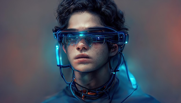 Illustrazione raster di giovane uomo che indossa occhiali VR con fili Dispositivi personali sensore bagliore al neon cyberspazio metaverso casco visione futuristica Concetto di fantascienza 3D opera d'arte sfondo