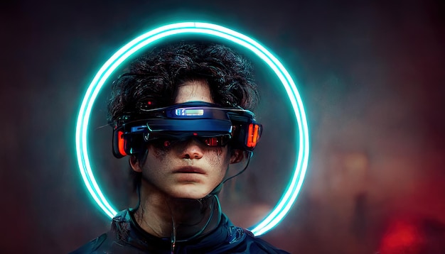 Illustrazione raster di ragazzo con occhiali per realtà virtuale e lampada al neon sul retro Uomo visione futuristica cyberspazio neon blu bagliore fili tecnologie future fantascienza Metaverse 3D rendering