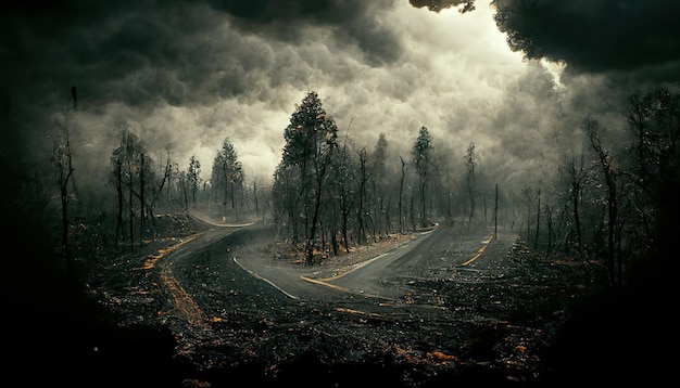 Illustrazione raster di spettrale bivio vuoto nella strada nella foresta spaventosa sotto nuvole di fumo Sabbath rotto strada abbandonata paura paesaggio spaventoso Albero nudo spavento realismo magico opere d'arte 3D