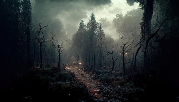 Illustrazione raster di spettrale strada vuota nella foresta oscura e spaventosa sotto nuvole di fumo Sabbath spiriti maligni orrore paura paesaggio spaventoso Alberi spogli spavento realismo magico opere d'arte 3D