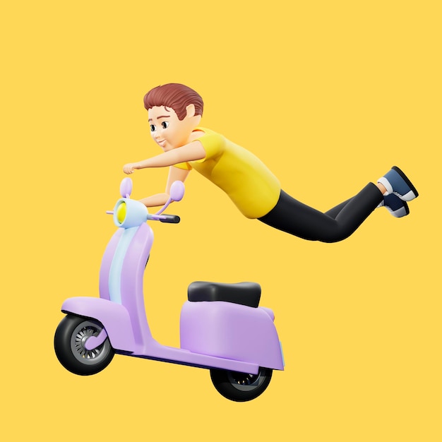 Illustrazione raster di un uomo in sella a uno scooter con le braccia e le gambe in alto Giovane ragazzo in una maglietta gialla cavalca una moto consegna volare velocità di trasporto regole di traffico 3d render artwork per affari