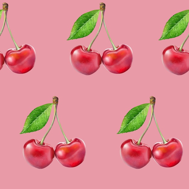 Illustrazione realismo senza cuciture bacca rosso ciliegia con foglia verde su sfondo rosa alto