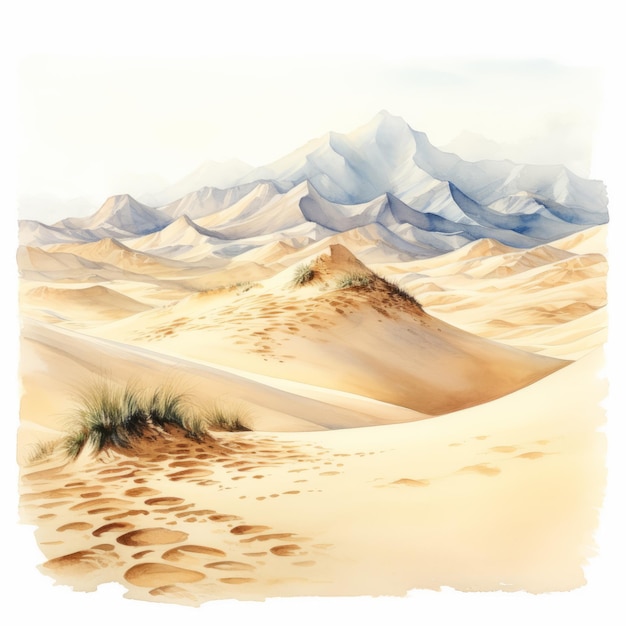 Illustrazione realistica ad acquerello di dune di sabbia del deserto con elementi fantastici