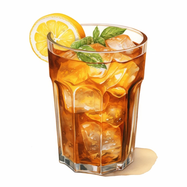 Illustrazione realistica ad acquerello di un cocktail di tè ghiacciato