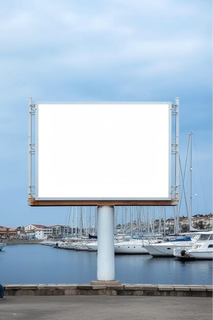 Illustrazione realistica cartellone bianco vuoto al porto turistico vicino al mare Generative ai