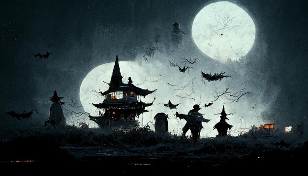 Illustrazione realistica del festival di halloween. Immagini notturne di Halloween per carta da parati. Illustrazione 3D.