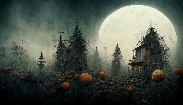 Illustrazione realistica del festival di halloween. Immagini notturne di Halloween per carta da parati. Illustrazione 3D