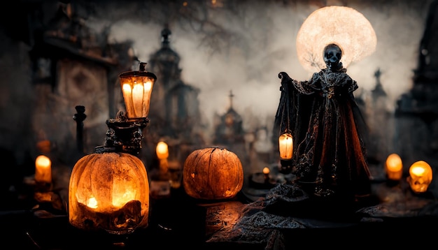 Illustrazione realistica del festival di Halloween. Immagini notturne di Halloween per carta da parati o schermo del computer.