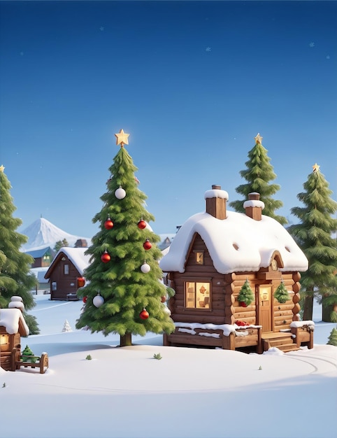 Illustrazione realistica del villaggio natalizio con albero di Natale e collina innevata