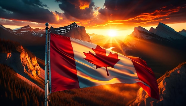 Illustrazione realistica della bandiera canadese al tramonto