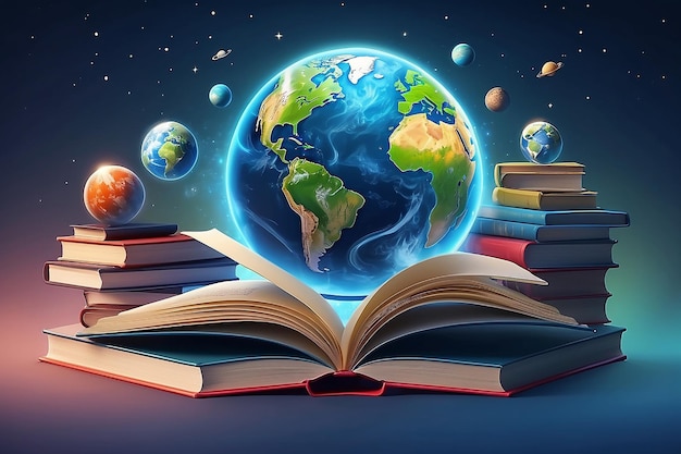 Illustrazione realistica della giornata mondiale del libro con un pianeta e una pila di libri