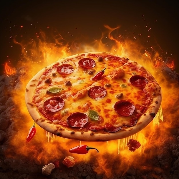 Illustrazione realistica della pizza con fuoco e peperoncino sullo sfondo AI generativa
