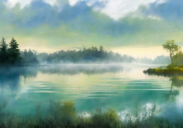illustrazione realistica della vista mattutina del tranquillo paesaggio del lago con cielo limpido e nebbia sull'acqua