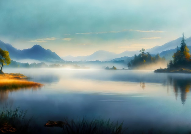 illustrazione realistica della vista mattutina del tranquillo paesaggio del lago con cielo limpido e nebbia sull'acqua