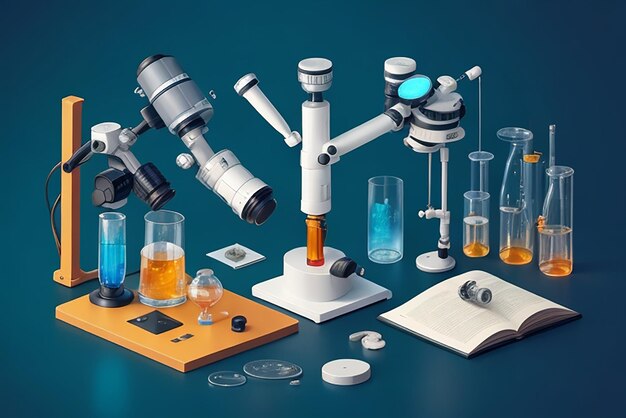 illustrazione realistica delle biotecnologie molecolari in tubi e bicchieri di vetro di laboratorio