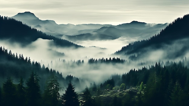Illustrazione realistica di foto generative AI generate dall'intelligenza artificiale dell'arte grafica mistica mattutina della nebbia della foresta delle montagne