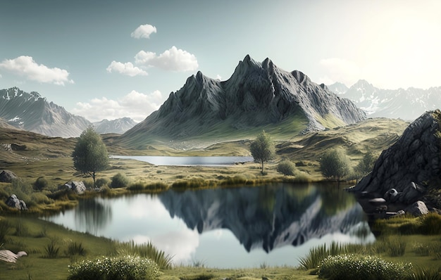 Illustrazione realistica di progettazione della carta da parati del paesaggio del lago e della montagna