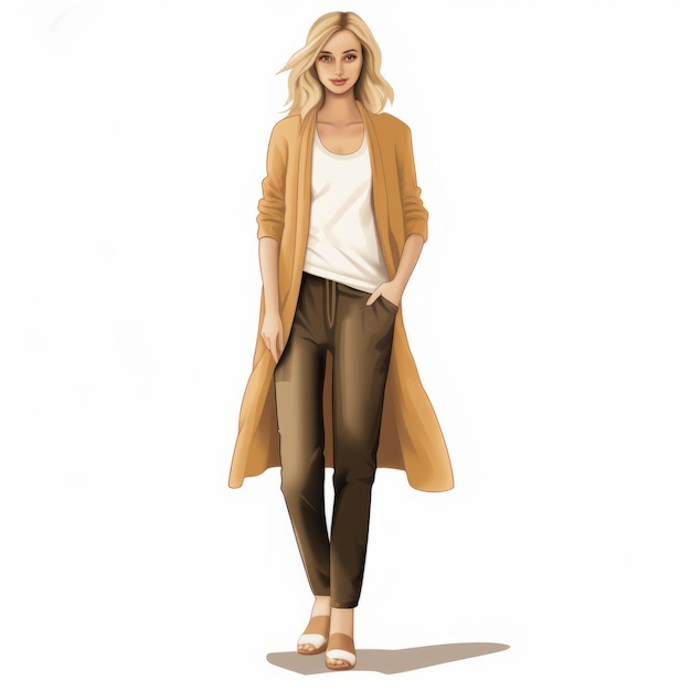 Illustrazione realistica di una donna con pantaloni marroni e cardigan beige