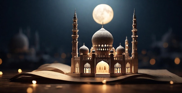 Illustrazione realistica di una moschea costruita sopra un libro con una luna piena dietro