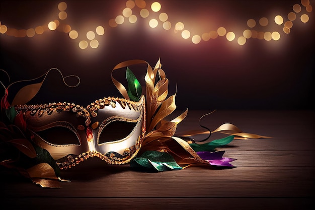 Illustrazione realistica elegante maschera veneziana del mardi gras e ghirlanda di luci dorate Generative AI