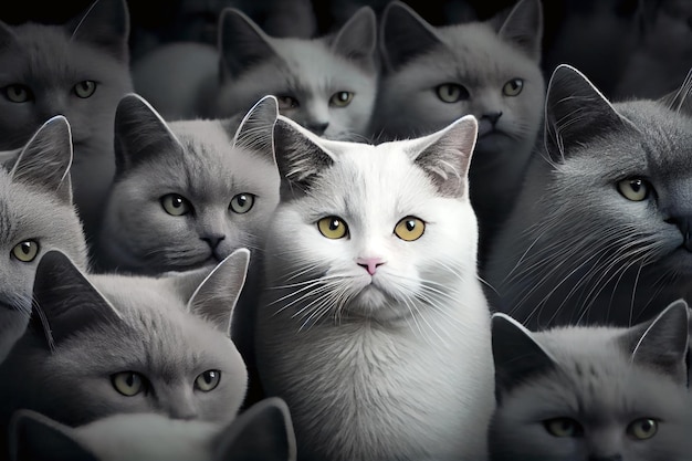 Illustrazione realistica un gatto bianco in un branco di gatti grigi individualità concetto generativo ai