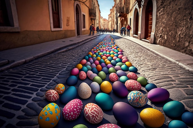 Illustrazione realistica una vecchia strada della città pavimentata con uova di Pasqua multicolori generative ai