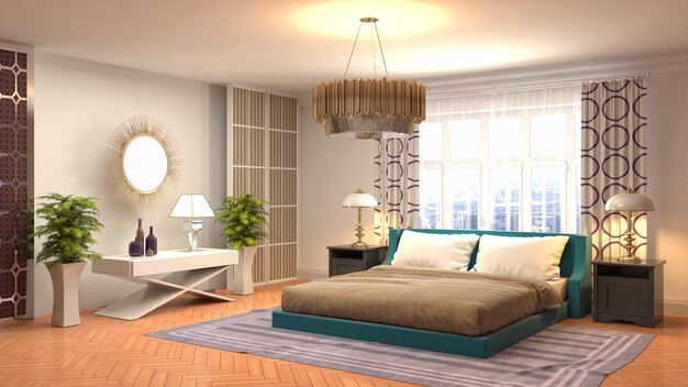 Illustrazione rendering 3D di un interno camera da letto