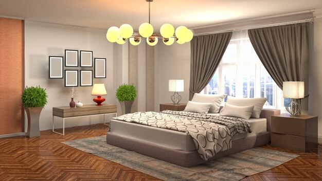 Illustrazione rendering 3D di un interno camera da letto