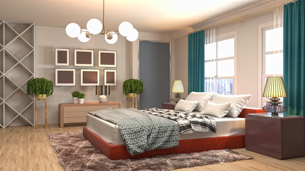 Illustrazione rendering 3D di un interno camera da letto