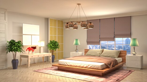 Illustrazione rendering 3D di un interno camera da letto