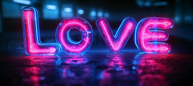 illustrazione Rendering 3D neon della parola amore nella luce al neon Concetto di amore di San Valentino