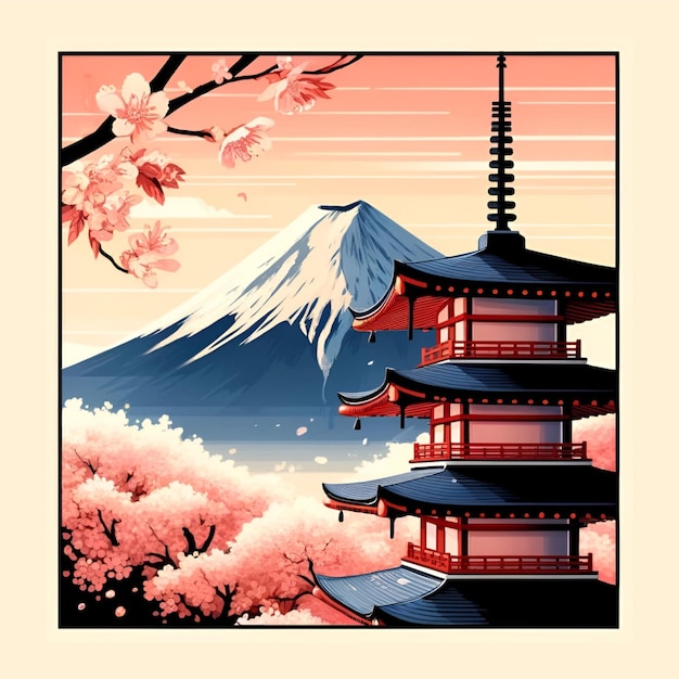 Illustrazione retrò di una pagoda e fiori di ciliegio di fronte per la celebrazione del giorno dello showa