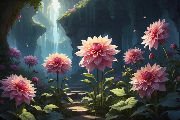 Illustrazione romantica del campo di fiori di dahlia