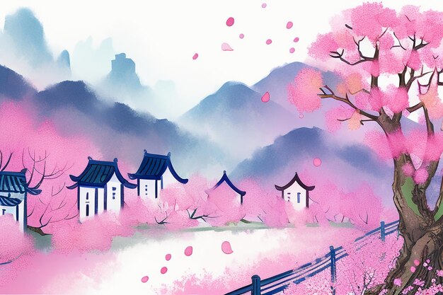 Illustrazione rosa del fondo della carta da parati di arte astratta dell'acquerello cinese del tramonto della montagna della casa sull'albero