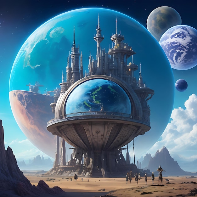 Illustrazione royalty del mondo fantasy di Planet Science Fiction generata dall'intelligenza artificiale