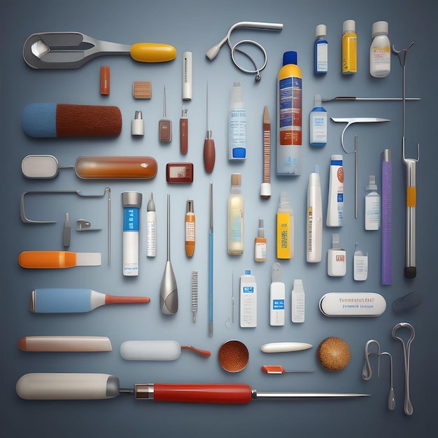 Illustrazione sanitaria di strumenti medici su un set di sfondo grigio