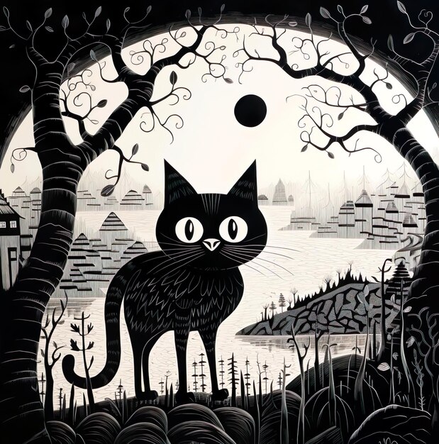 Illustrazione scarabocchio del gatto nella foresta