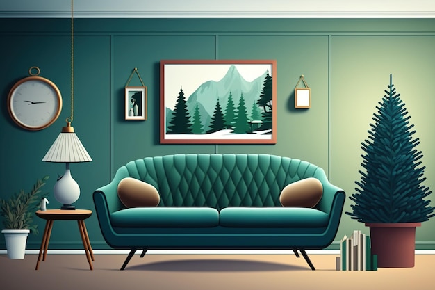 Illustrazione scena interna e mockup interni di natale e capodanno