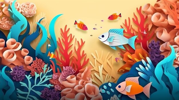 Illustrazione scena subacquea con barriera corallina e pesce IA generativa