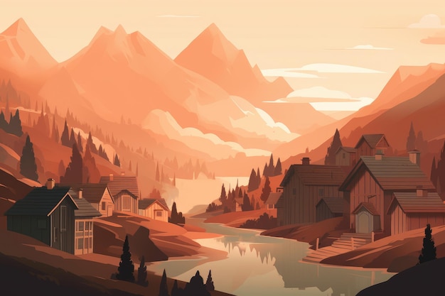 Illustrazione serena e minimalista di una baita di montagna rustica immersa in un tranquillo tramonto della valle