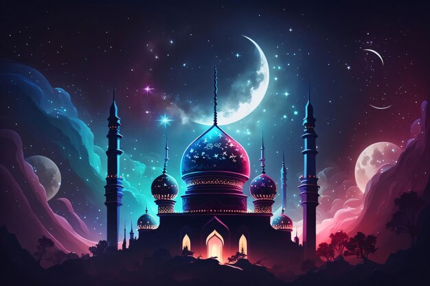 Illustrazione silhouette di una moschea contro la luna di notte Moschea come luogo di preghiera per i musulmani