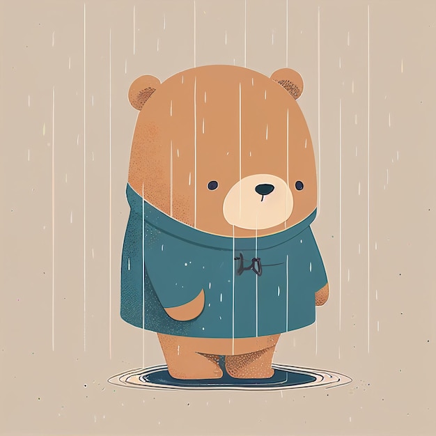 Illustrazione simpatico orsacchiotto in piedi da solo in una giornata piovosa Creato con la tecnologia generativa AI