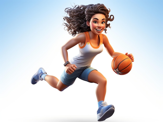 illustrazione sorridente giovane atleta basket donna che fa basket isolato su sfondo bianco