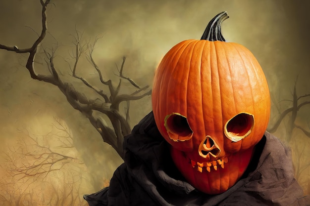 Illustrazione spaventosa di arte di concetto del cranio della zucca di Halloween