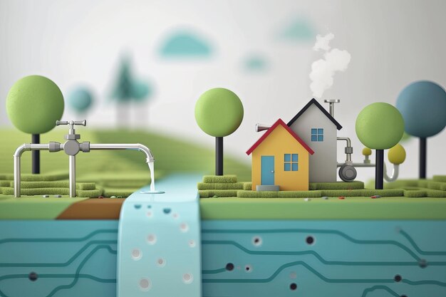 Illustrazione stilizzata del sistema di approvvigionamento idrico con alberi domestici e tubi d'acqua
